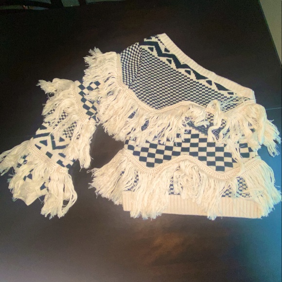 House of Harlow x Revolve NOA One Shoulder Fringe Sweater in Bone - Picture 4 of 9